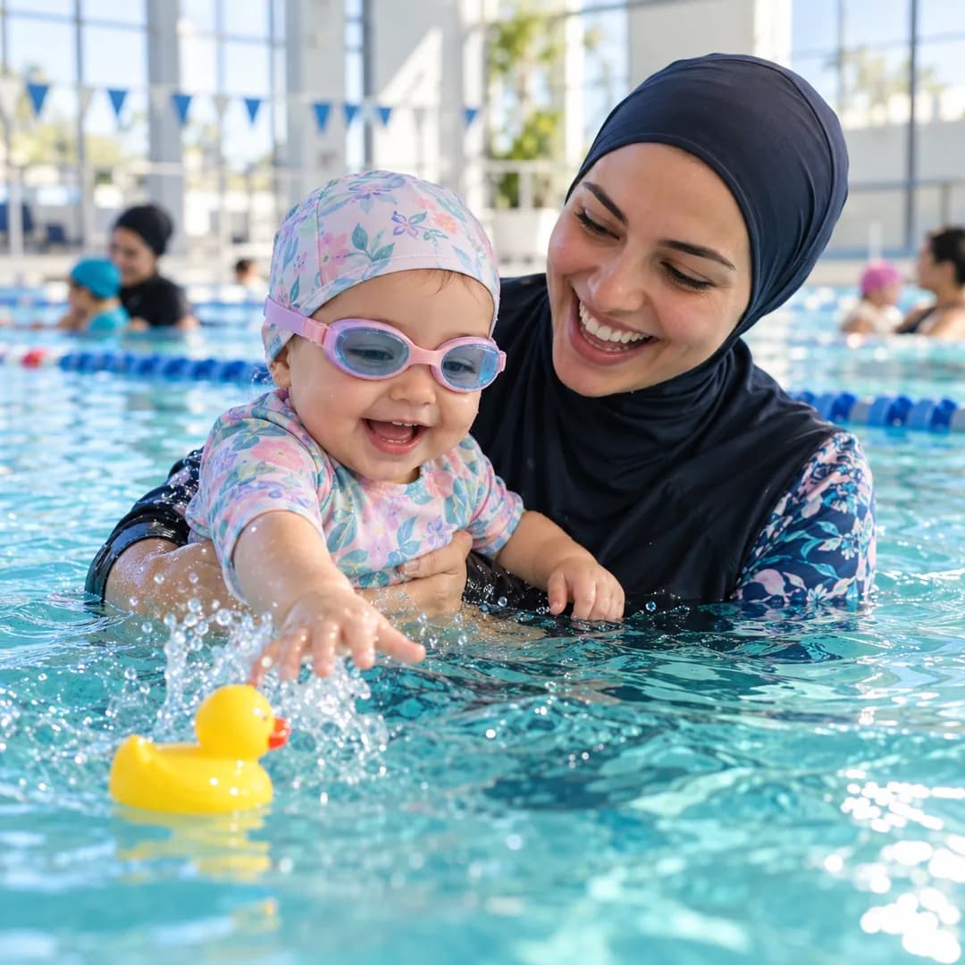 Mãe segurando o bebê sorridente na piscina durante a aula